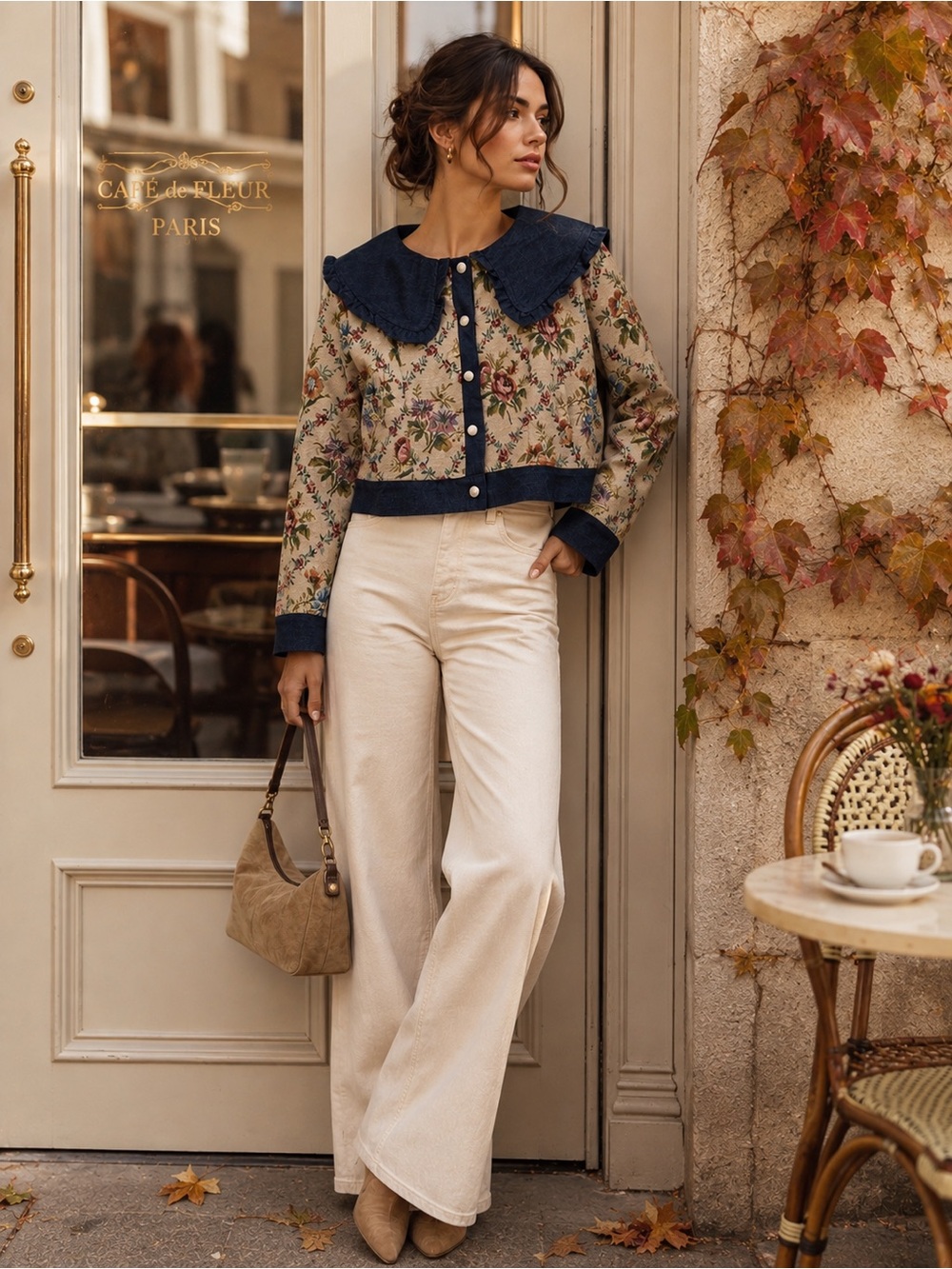 [NWOT] Jacquie Floral Tapestry Cropped Jacket w/ Denim Collar & Ruffle Trim XS
